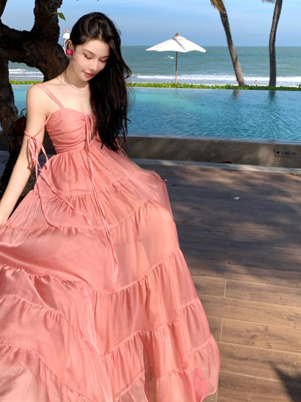 Pink Spaghetti Strap Dress for French Seaside Vacation, Fairy Travel Vibes, Perfect for Thailand Sanya Island Photos Pink Spaghetti Strap Dress for French Seaside Vacation, Fairy Travel Vibes, Perfect for Thailand Sanya Island Photos