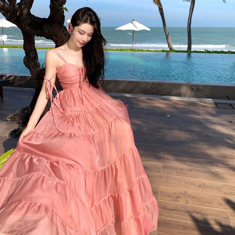 Pink Spaghetti Strap Dress for French Seaside Vacation, Fairy Travel Vibes, Perfect for Thailand Sanya Island Photos