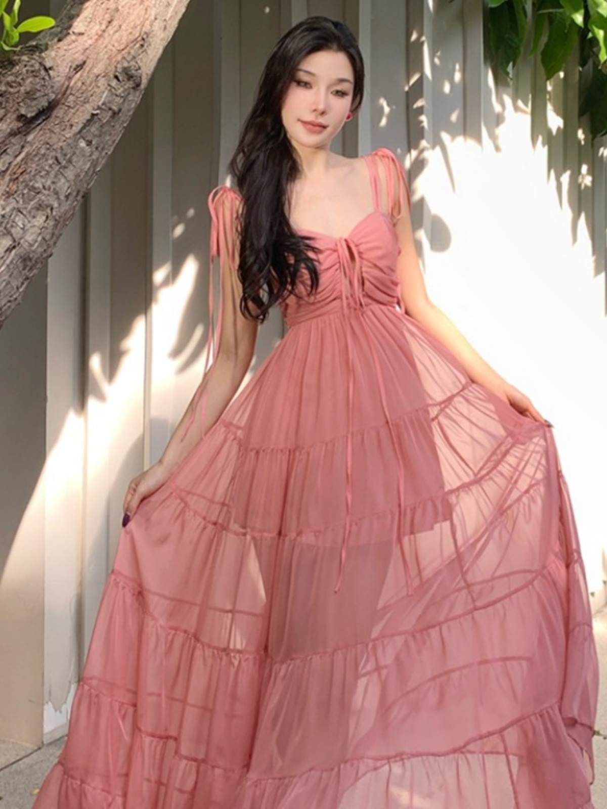 Pink Spaghetti Strap Dress for French Seaside Vacation, Fairy Travel Vibes, Perfect for Thailand Sanya Island Photos Pink Spaghetti Strap Dress for French Seaside Vacation, Fairy Travel Vibes, Perfect for Thailand Sanya Island Photos