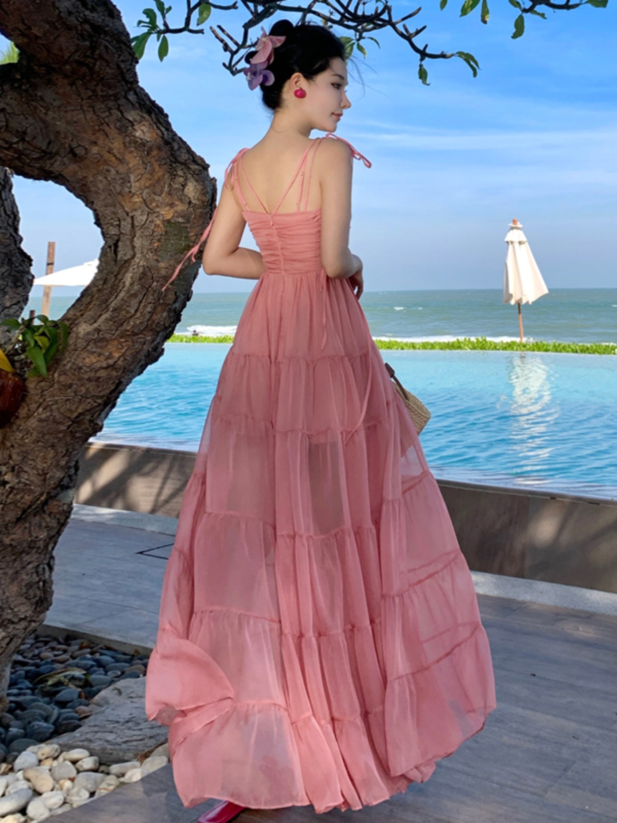 Pink Spaghetti Strap Dress for French Seaside Vacation, Fairy Travel Vibes, Perfect for Thailand Sanya Island Photos Pink Spaghetti Strap Dress for French Seaside Vacation, Fairy Travel Vibes, Perfect for Thailand Sanya Island Photos