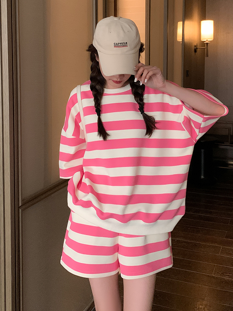 Pink Striped Short Sleeve Sweatshirt Set for Women - Trendy Summer Casual Sports Two-Piece Outfit, Stylish Y2K Look