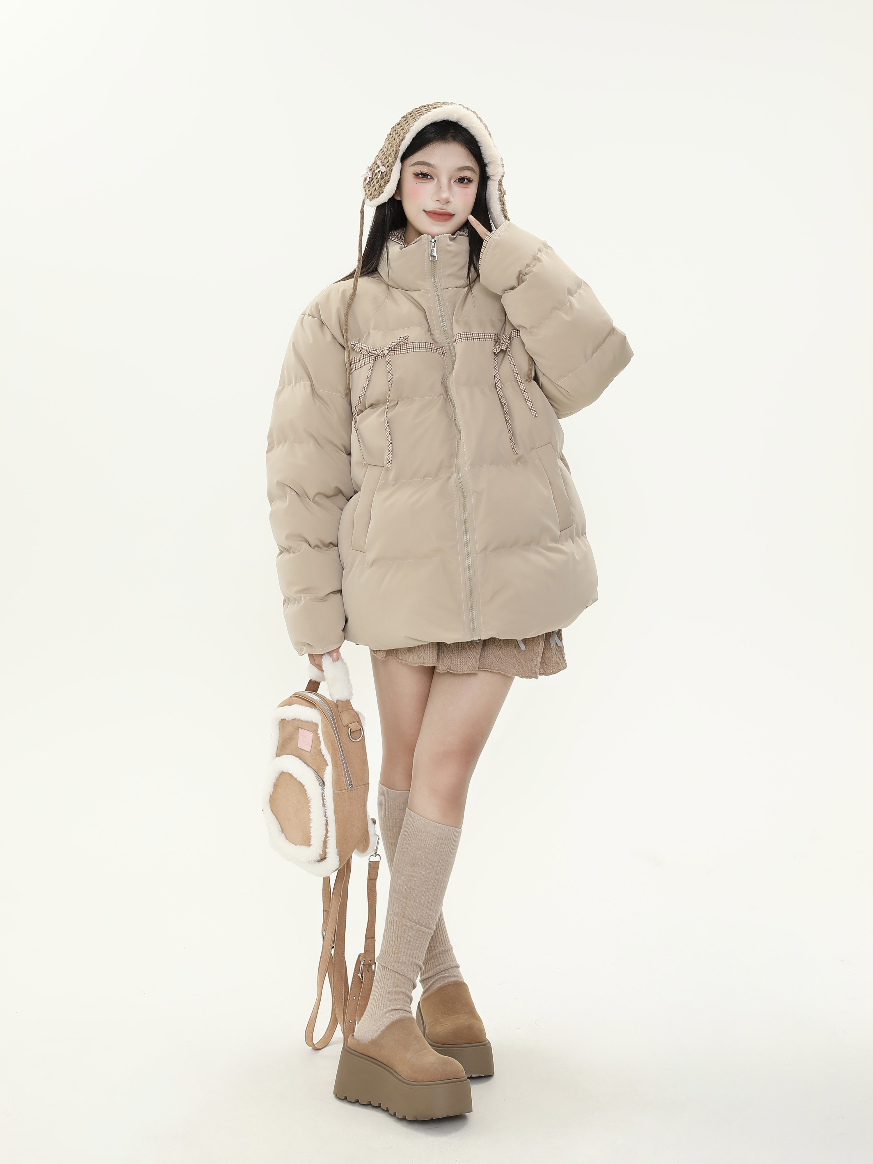 Plaid Bow Tie Collar Cotton Puffer Coat for Women - Thickened Warm Loose Winter Jacket Plaid Bow Tie Collar Cotton Puffer Coat for Women - Thickened Warm Loose Winter Jacket