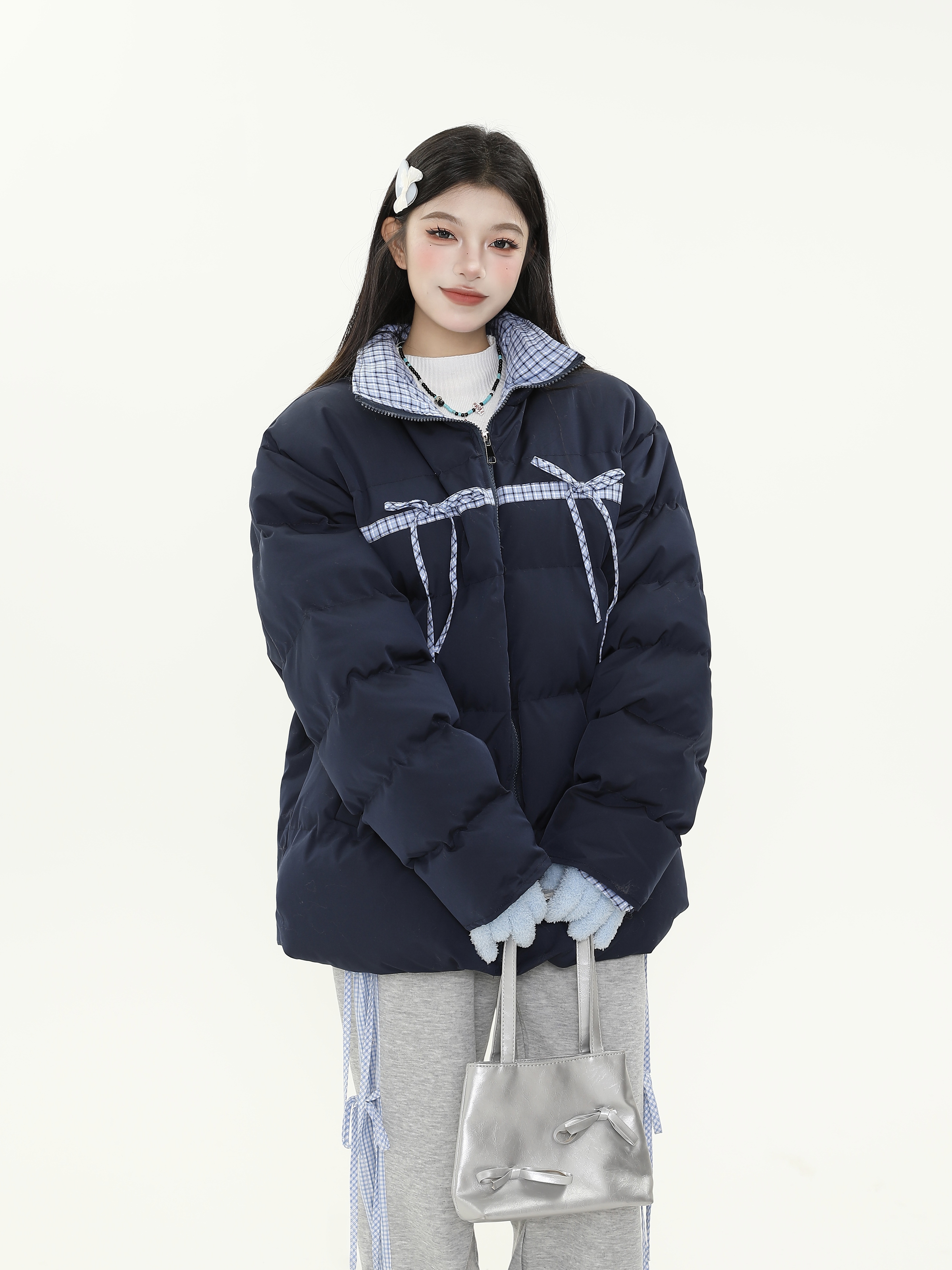 Plaid Bow Tie Collar Cotton Puffer Coat for Women - Thickened Warm Loose Winter Jacket Plaid Bow Tie Collar Cotton Puffer Coat for Women - Thickened Warm Loose Winter Jacket