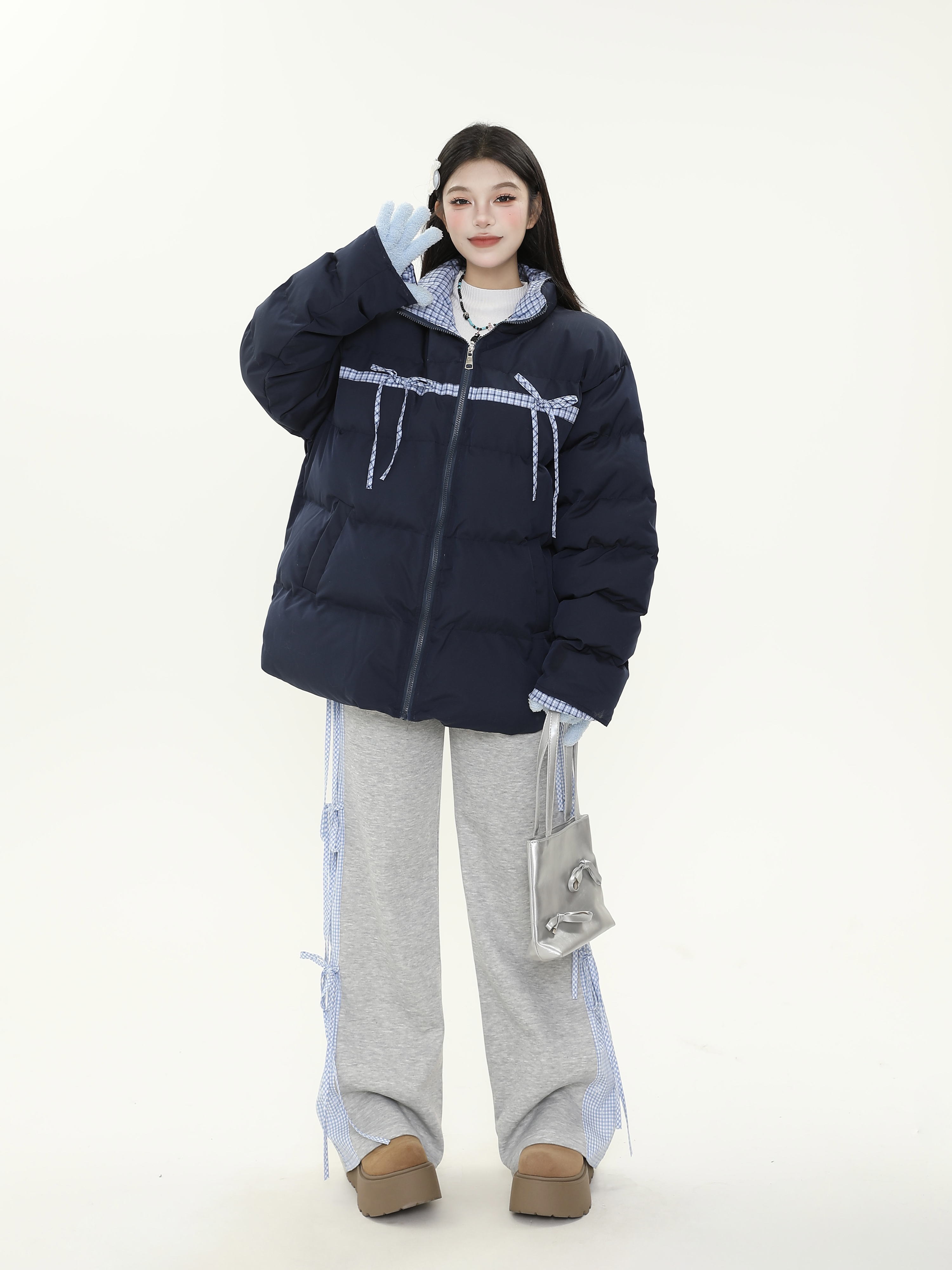 Plaid Bow Tie Collar Cotton Puffer Coat for Women - Thickened Warm Loose Winter Jacket Plaid Bow Tie Collar Cotton Puffer Coat for Women - Thickened Warm Loose Winter Jacket