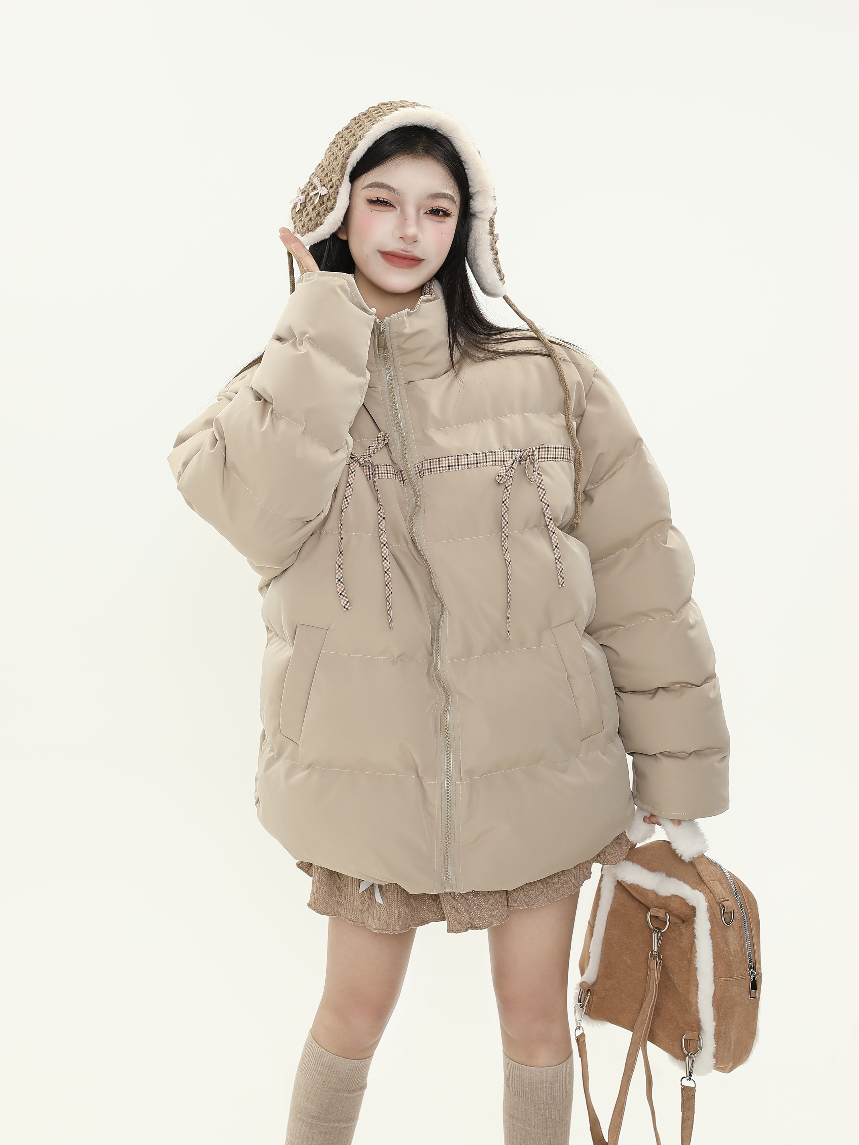 Plaid Bow Tie Collar Cotton Puffer Coat for Women - Thickened Warm Loose Winter Jacket
