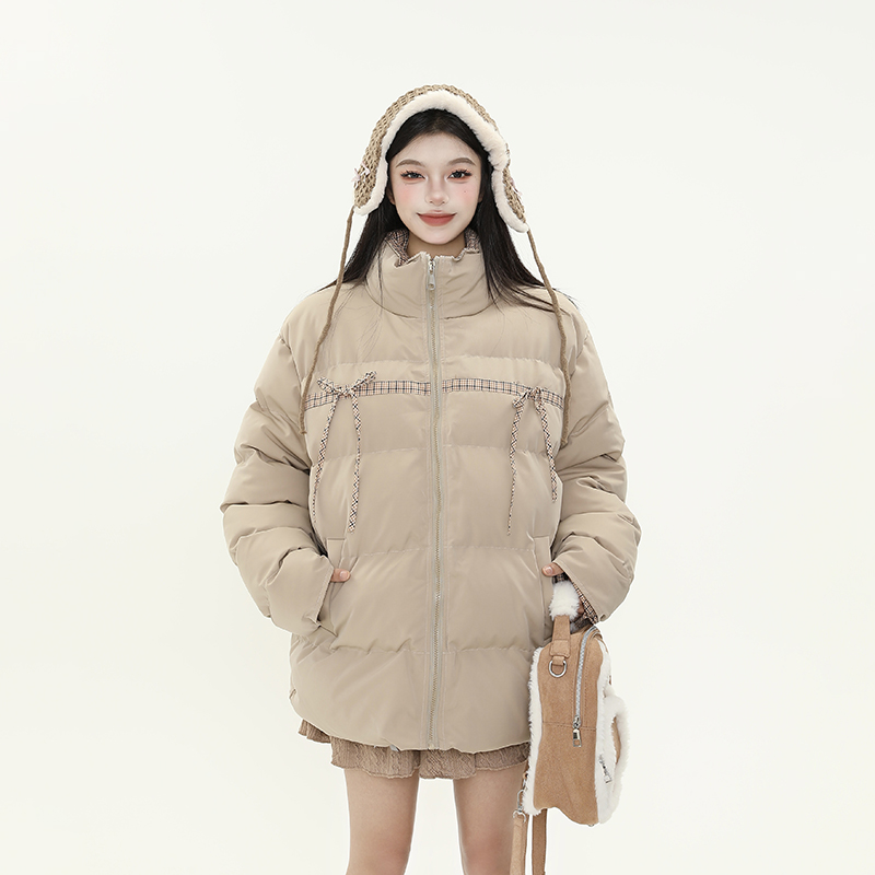 Plaid Bow Tie Collar Cotton Puffer Coat for Women - Thickened Warm Loose Winter Jacket