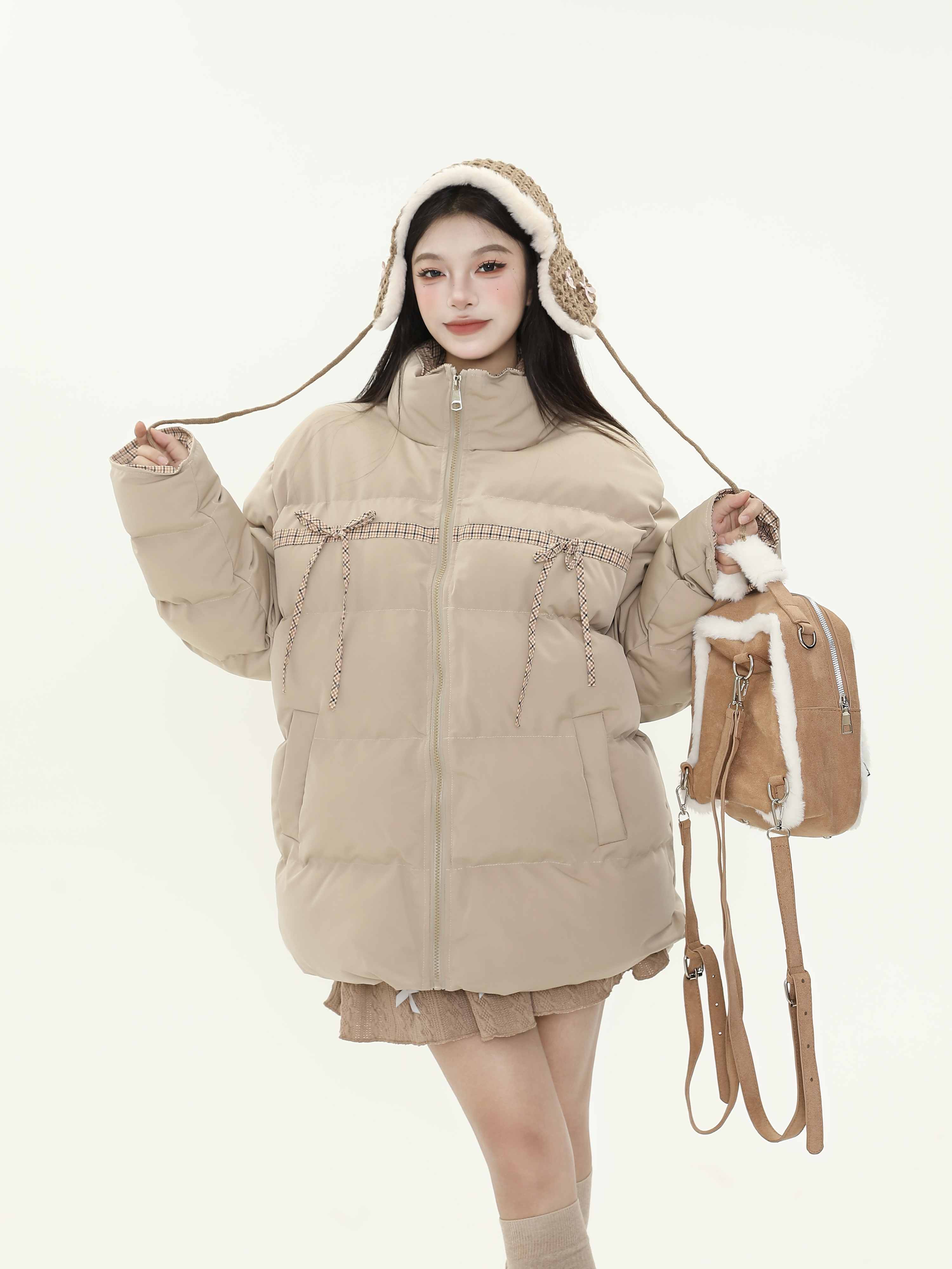 Plaid Bow Tie Collar Cotton Puffer Coat for Women - Thickened Warm Loose Winter Jacket Plaid Bow Tie Collar Cotton Puffer Coat for Women - Thickened Warm Loose Winter Jacket