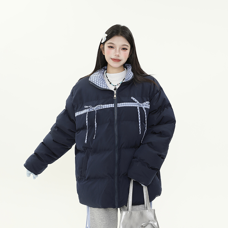 Plaid Bow Tie Collar Cotton Puffer Coat for Women - Thickened Warm Loose Winter Jacket Plaid Bow Tie Collar Cotton Puffer Coat for Women - Thickened Warm Loose Winter Jacket