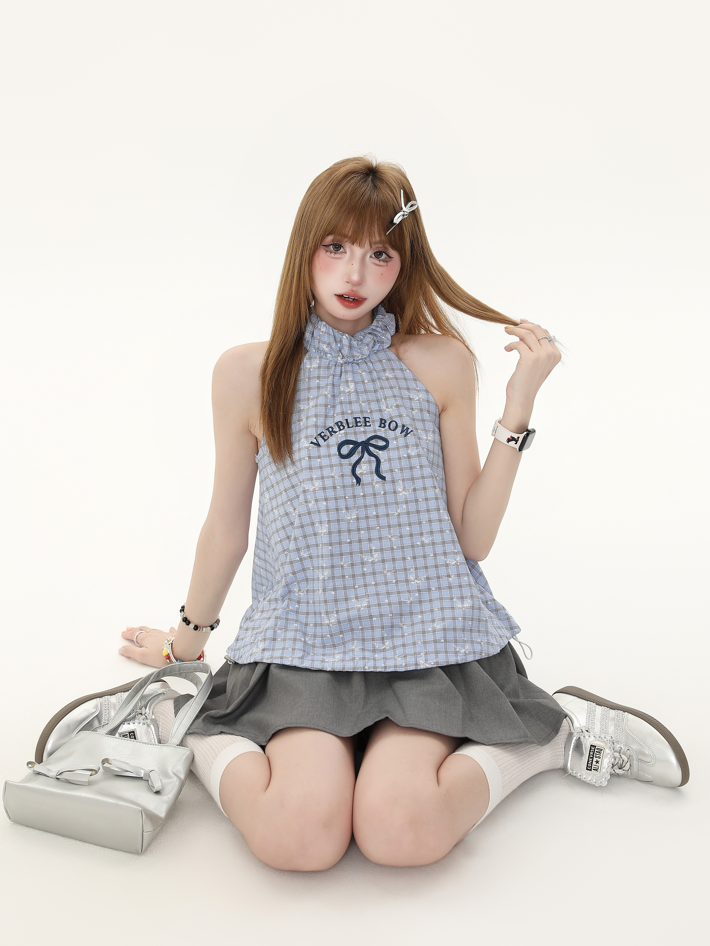 Plaid Butterfly Knot Embroidered Halter Top for Women - Summer Slim Fit Sleeveless Shirt - Trendy Y2K Style Plaid Butterfly Knot Embroidered Halter Top for Women - Summer Slim Fit Sleeveless Shirt - Trendy Y2K Style