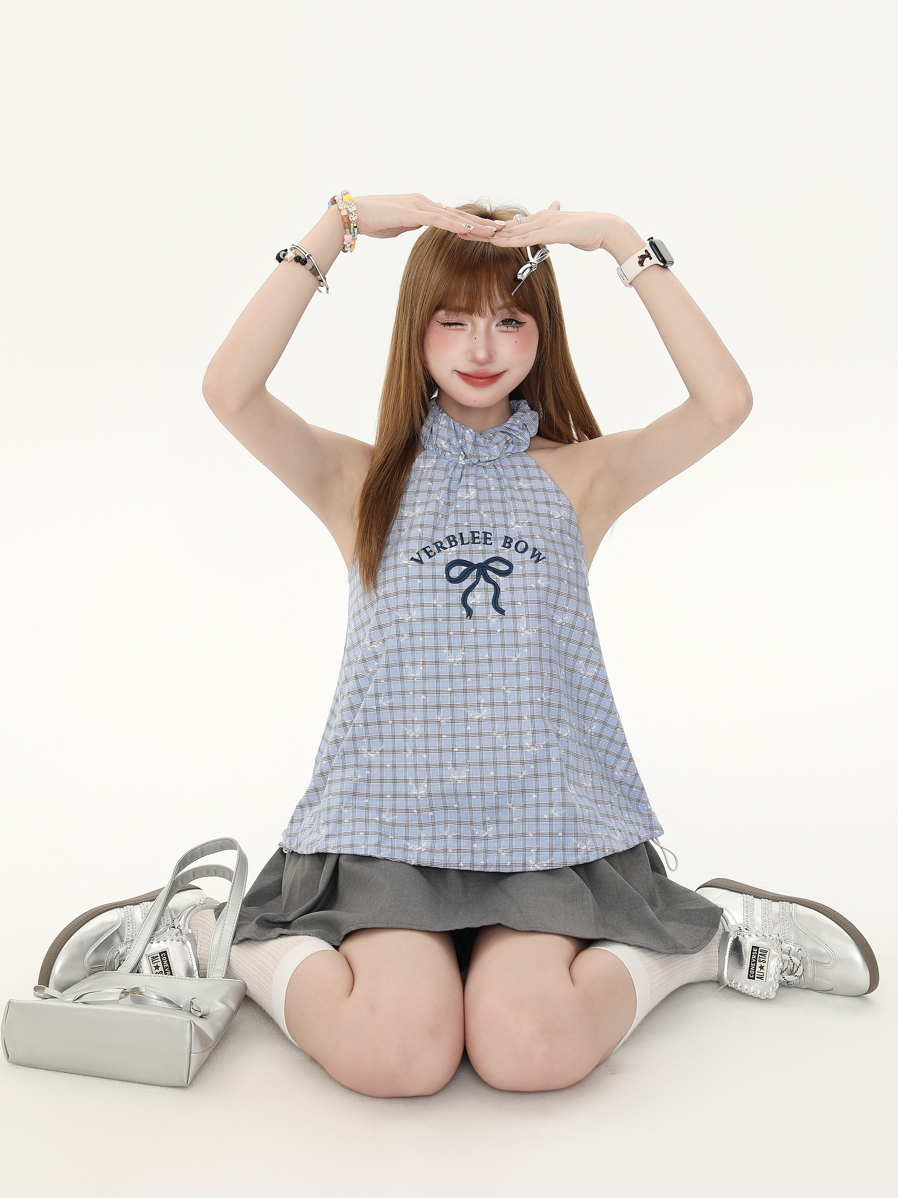 Plaid Butterfly Knot Embroidered Halter Top for Women - Summer Slim Fit Sleeveless Shirt - Trendy Y2K Style