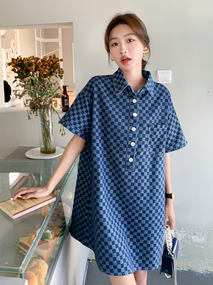 Plaid Denim Shirt Dress for Women - Summer 2025, College Style, Loose Fit, Casual Chic, Trendy 90s Vibe Plaid Denim Shirt Dress for Women - Summer 2025, College Style, Loose Fit, Casual Chic, Trendy 90s Vibe