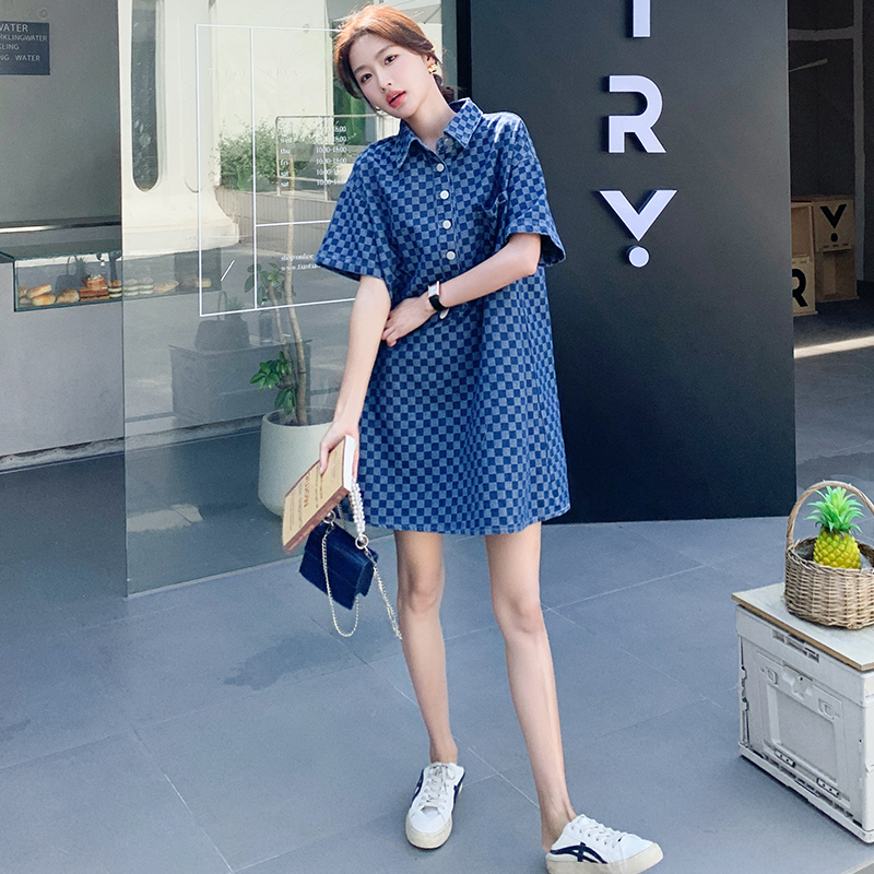 Plaid Denim Shirt Dress for Women - Summer 2025, College Style, Loose Fit, Casual Chic, Trendy 90s Vibe
