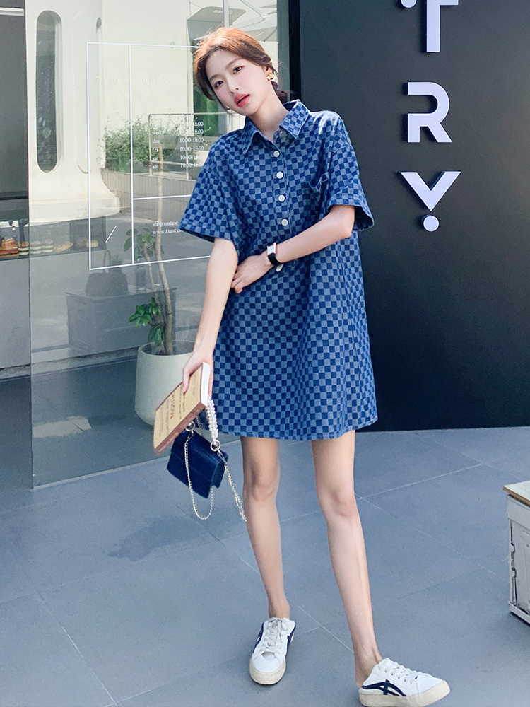 Plaid Denim Shirt Dress for Women - Summer 2025, College Style, Loose Fit, Casual Chic, Trendy 90s Vibe