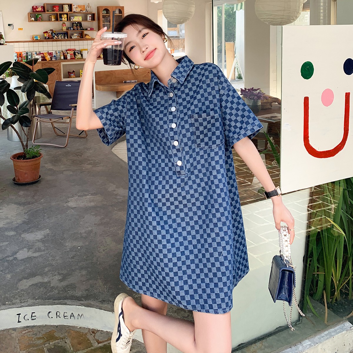 Plaid Denim Shirt Dress for Women - Summer 2025, College Style, Loose Fit, Casual Chic, Trendy 90s Vibe Plaid Denim Shirt Dress for Women - Summer 2025, College Style, Loose Fit, Casual Chic, Trendy 90s Vibe