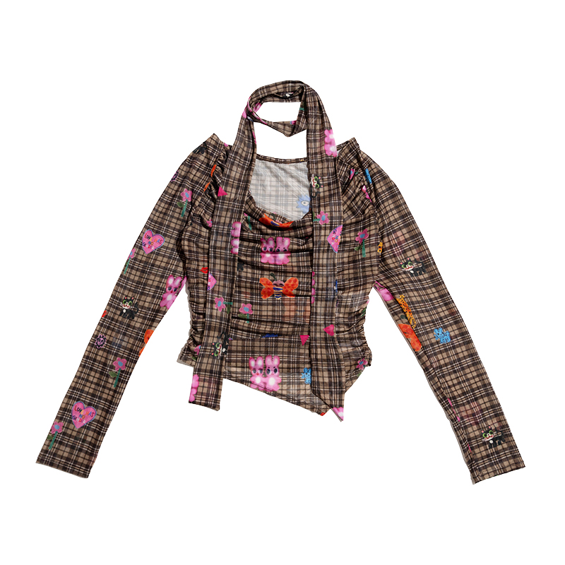 Plaid Draped Collar Top with Scarf - Artist Original Printed Design, Trendy Layered Style for Y2K Fashion Enthusiasts