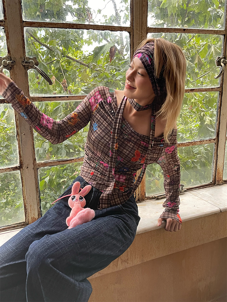 Plaid Draped Collar Top with Scarf - Artist Original Printed Design, Trendy Layered Style for Y2K Fashion Enthusiasts