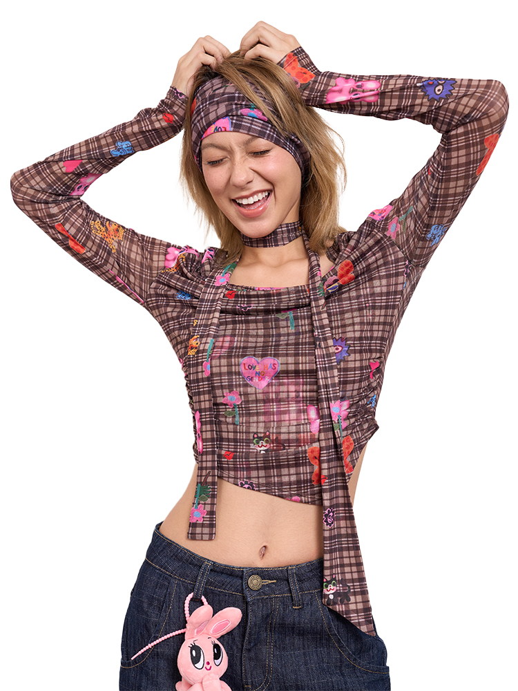 Plaid Draped Collar Top with Scarf - Artist Original Printed Design, Trendy Layered Style for Y2K Fashion Enthusiasts Plaid Draped Collar Top with Scarf - Artist Original Printed Design, Trendy Layered Style for Y2K Fashion Enthusiasts