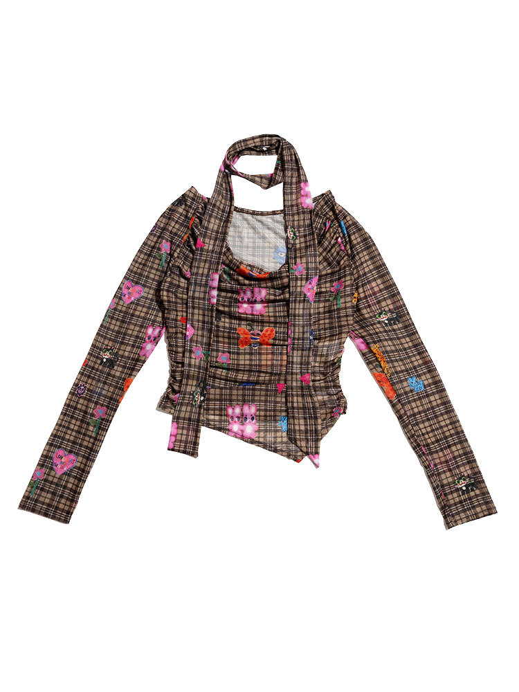 Plaid Draped Collar Top with Scarf - Artist Original Printed Design, Trendy Layered Style for Y2K Fashion Enthusiasts Plaid Draped Collar Top with Scarf - Artist Original Printed Design, Trendy Layered Style for Y2K Fashion Enthusiasts