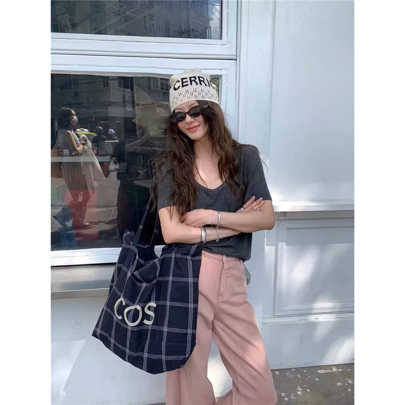 Plaid Letter Canvas Tote Bag - Large Capacity Shoulder Handbag for Commuters and Students - 2025 Autumn Style