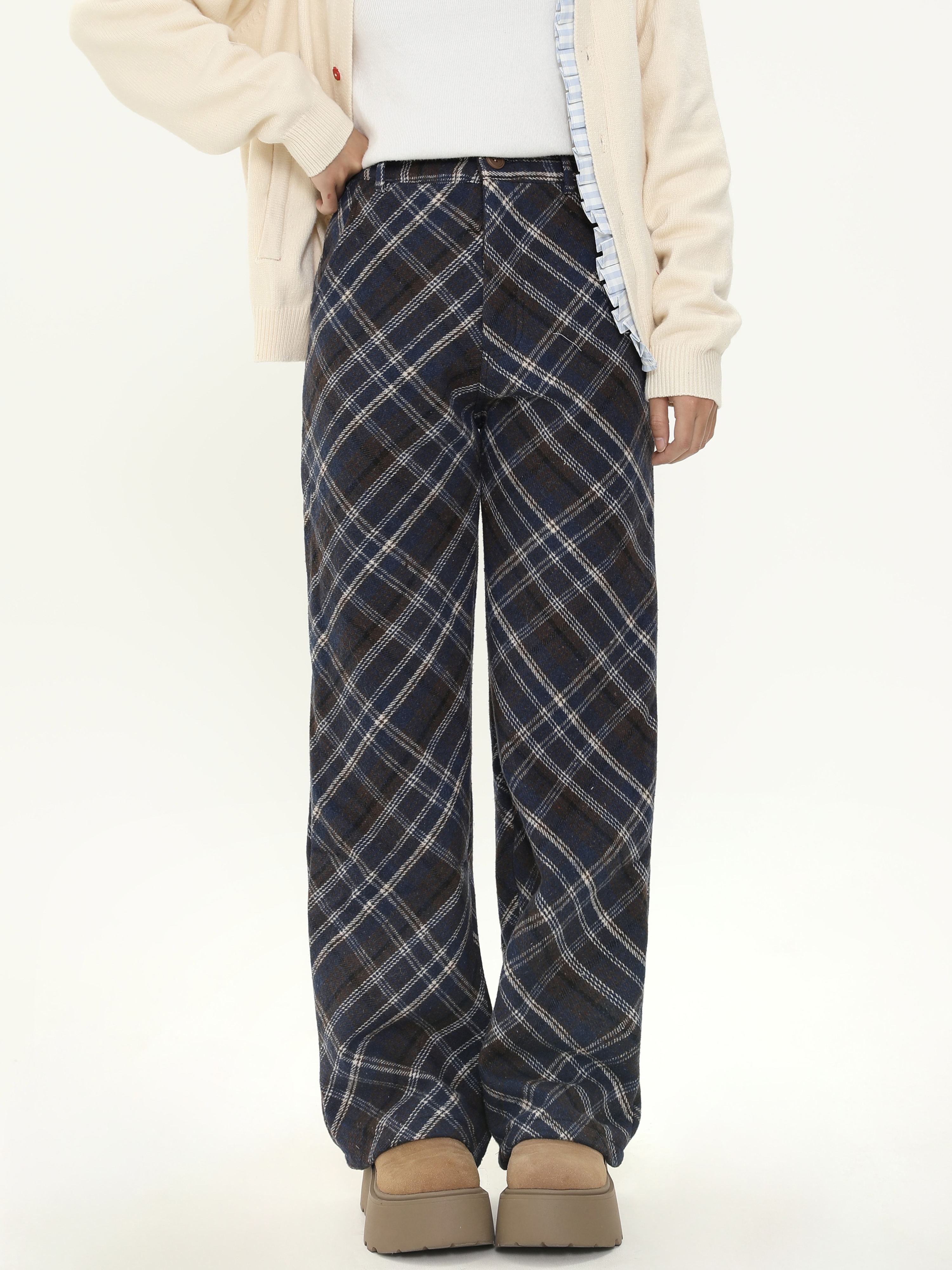 Plaid Love Heart Patch Embroidery Fleece Brushed Long Pants for Women, Autumn Winter Casual Straight Wide Leg Flare Trousers