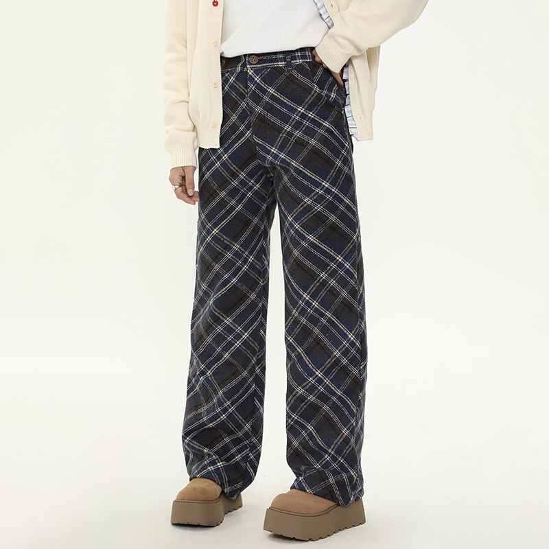 Plaid Love Heart Patch Embroidery Fleece Brushed Long Pants for Women, Autumn Winter Casual Straight Wide Leg Flare Trousers
