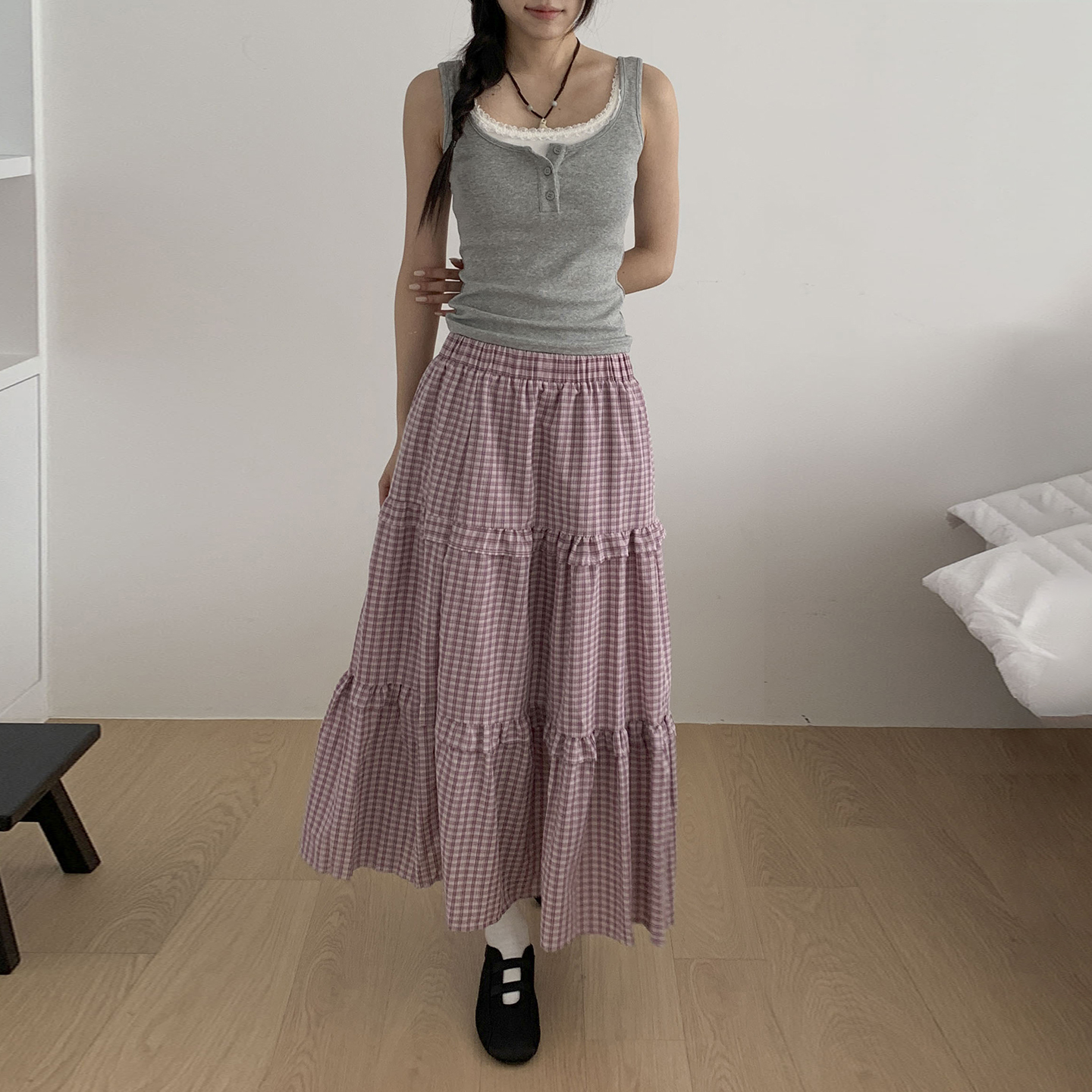 Plaid Pleated A-Line Midi Skirt in Japanese Style - Vintage Loose Long Skirt for Artistic Girls, 90s-Inspired Fashion