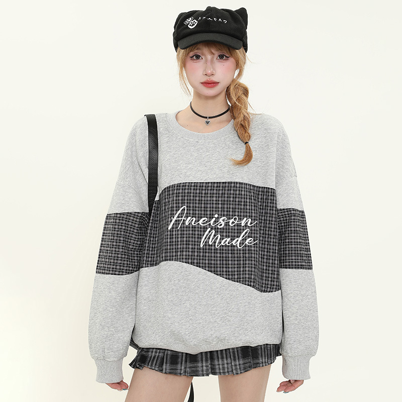 Plaid Spliced Round Neck Sweatshirt for Women - Casual Spring High-Design Top in Lazy Style, Trendy 90s Inspired Fashion