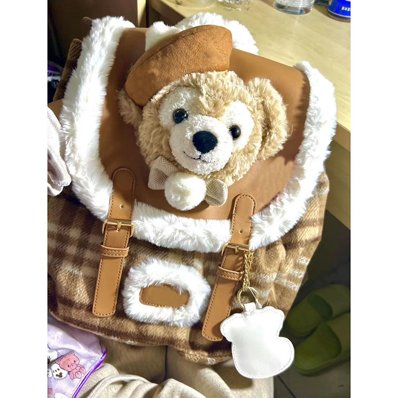 Plaid Splicing Fur Backpack for Women - Cute Duffy Bear Plush Design, Large Capacity Autumn/Winter Bag