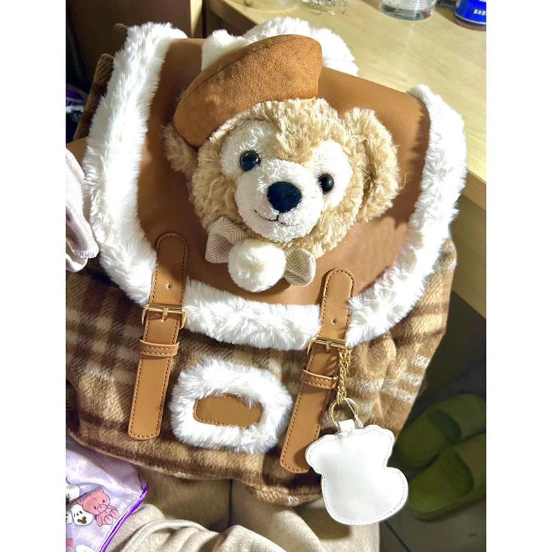 Plaid Splicing Fur Backpack for Women - Cute Duffy Bear Plush Design, Large Capacity Autumn/Winter Bag