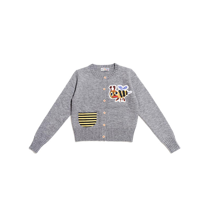 Playful Gray Little Bee Knitted Cardigan - Thin Short Outerwear for Y2K and 90s Inspired Style