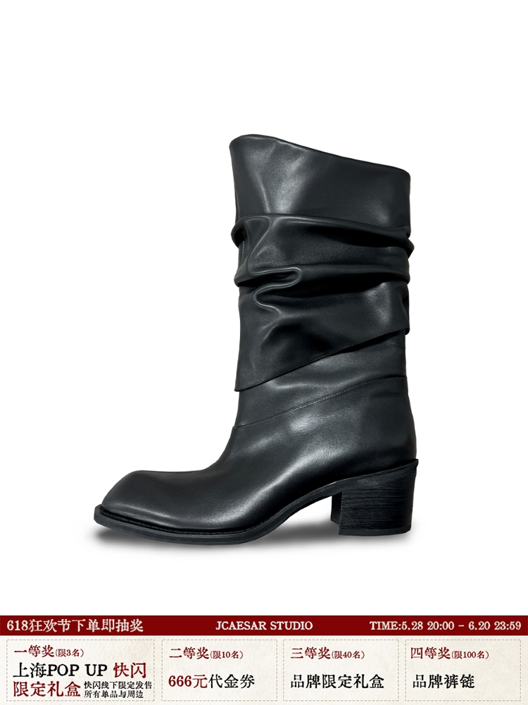 Pleated Collar Knight Boots - Top Layer Cowhide with Sheepskin Lining, 5cm Height Increase, Stylish Y2K Inspired Footwear