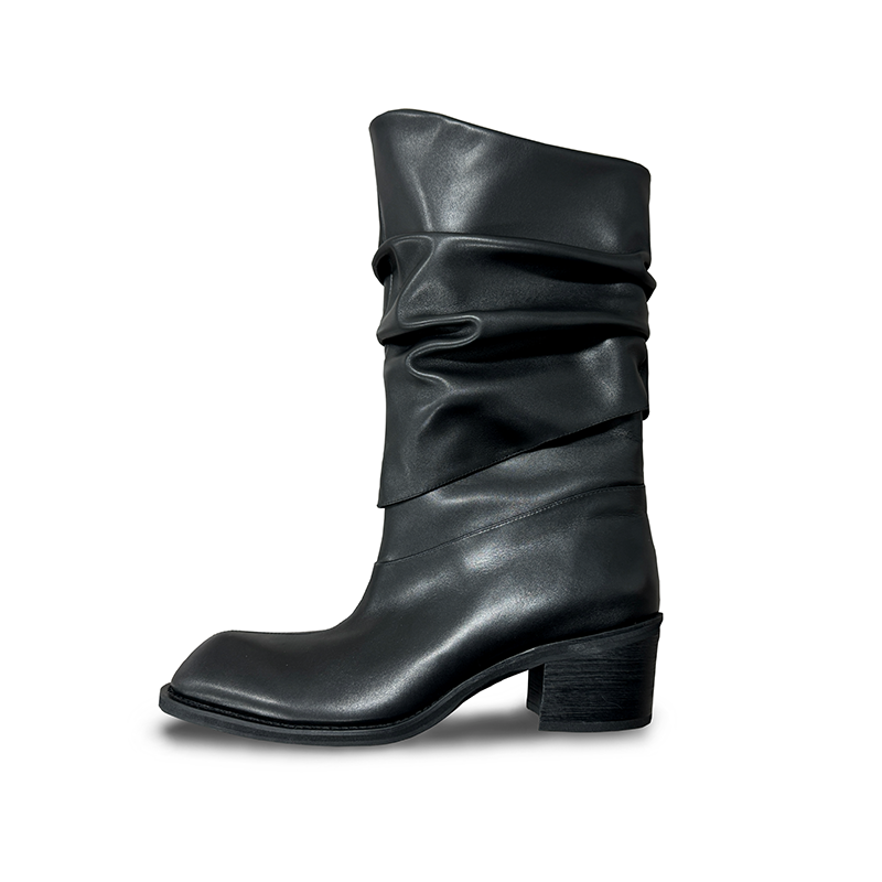 Pleated Collar Knight Boots - Top Layer Cowhide with Sheepskin Lining, 5cm Height Increase, Stylish Y2K Inspired Footwear