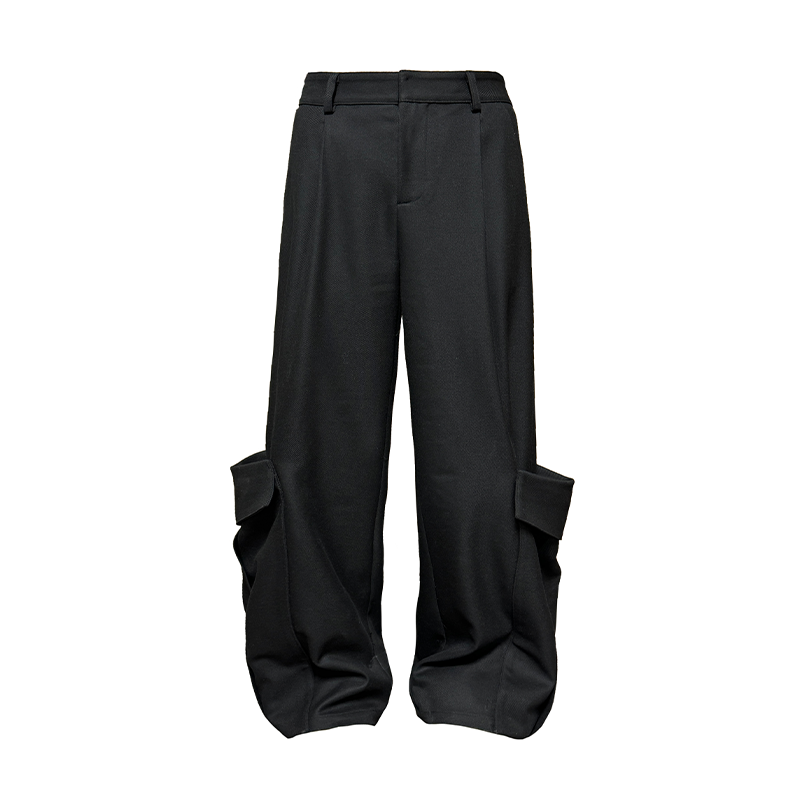 Pleated Long Pants with Double Pockets, Straight Leg, Slight Flare, 3D Hem Details - Trendy Street Style Trousers Pleated Long Pants with Double Pockets, Straight Leg, Slight Flare, 3D Hem Details - Trendy Street Style Trousers