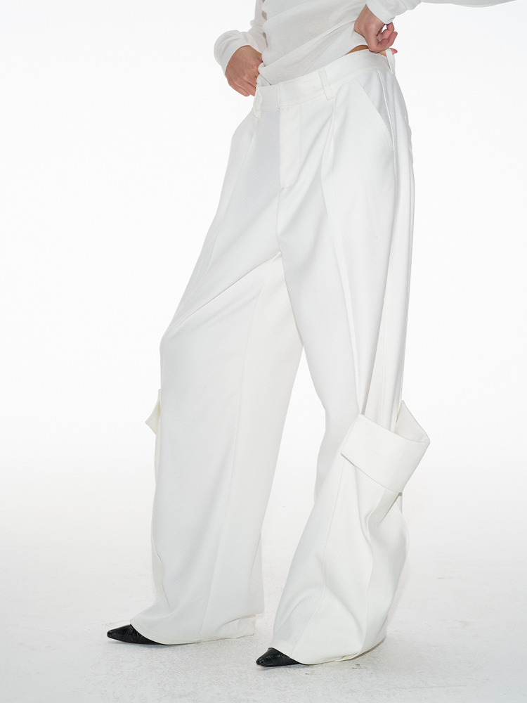Pleated Long Pants with Double Pockets, Straight Leg, Slight Flare, 3D Hem Details - Trendy Street Style Trousers Pleated Long Pants with Double Pockets, Straight Leg, Slight Flare, 3D Hem Details - Trendy Street Style Trousers