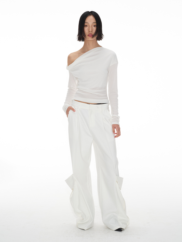 Pleated Long Pants with Double Pockets, Straight Leg, Slight Flare, 3D Hem Details - Trendy Street Style Trousers Pleated Long Pants with Double Pockets, Straight Leg, Slight Flare, 3D Hem Details - Trendy Street Style Trousers