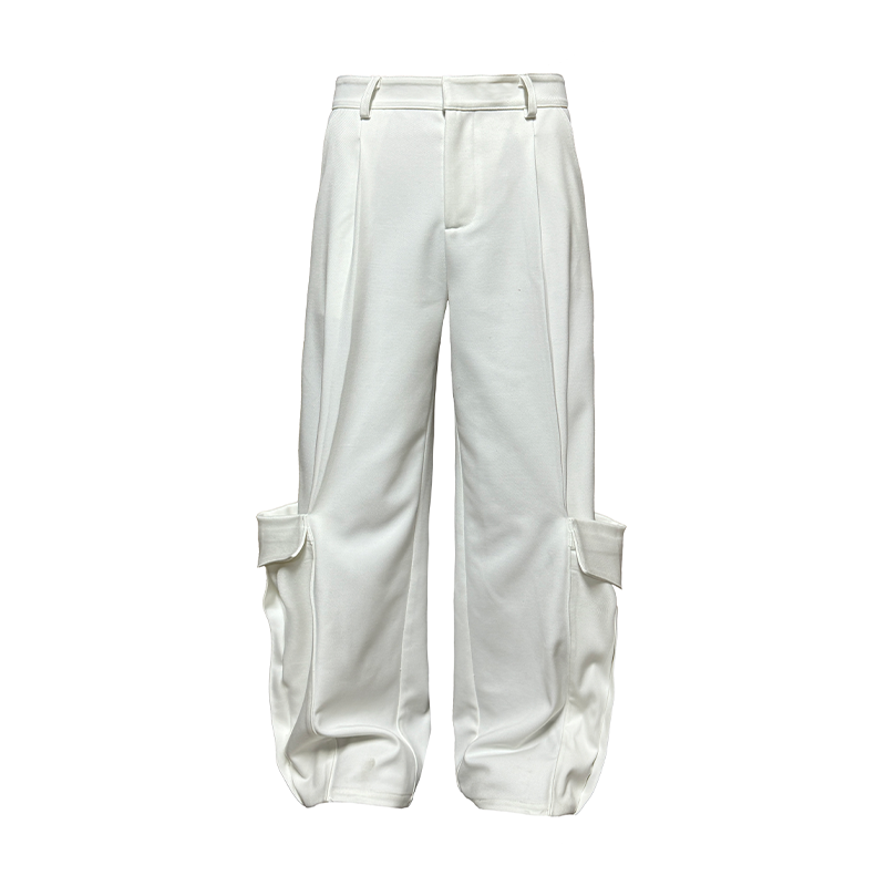 Pleated Long Pants with Double Pockets, Straight Leg, Slight Flare, 3D Hem Details - Trendy Street Style Trousers