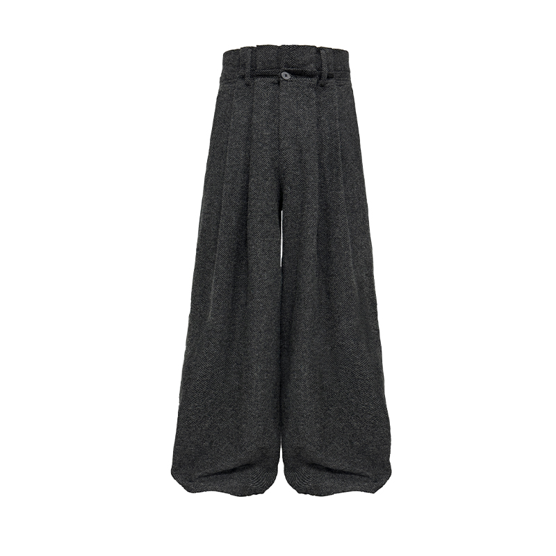 Pleated Paper Long Pants in 85% Merino Wool - Textured Linen Style with Double Waist Pleats - Trendy and Elegant Fashion