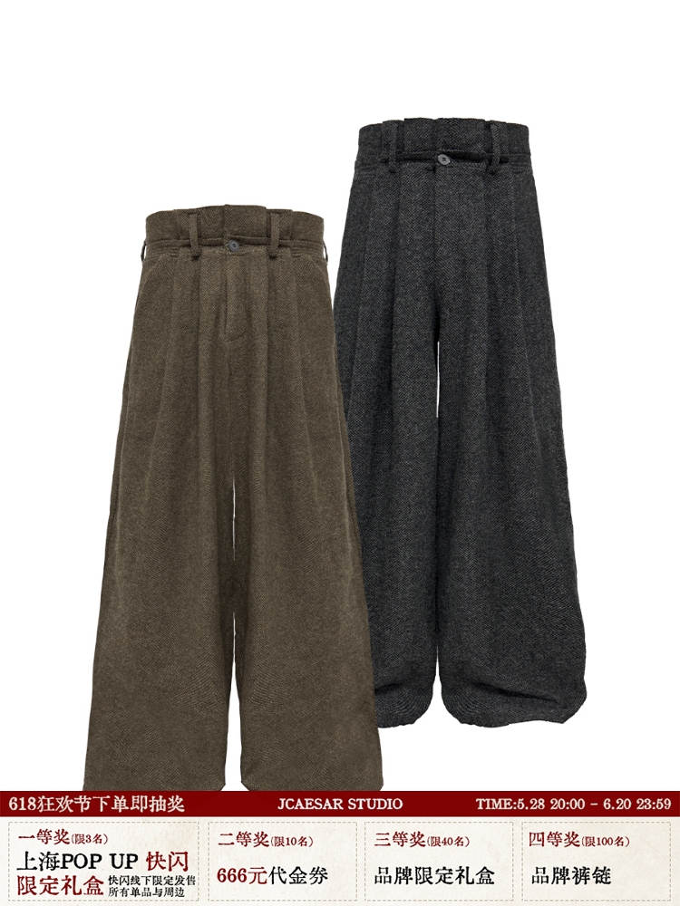 Pleated Paper Long Pants in 85% Merino Wool - Textured Linen Style with Double Waist Pleats - Trendy and Elegant Fashion
