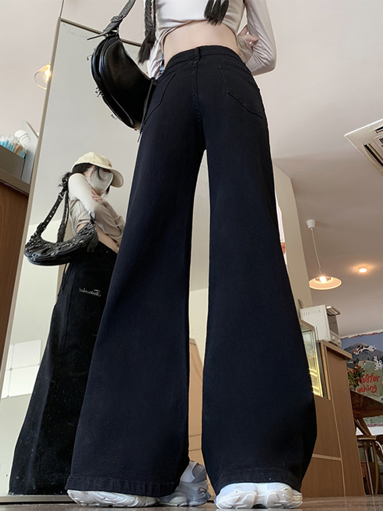 Plus Size Black Flared Jeans for Women, Stretchy Loose Wide-Leg Bell-Bottom Pants for Pear-Shaped Figures, Slimming Fit Plus Size Black Flared Jeans for Women, Stretchy Loose Wide-Leg Bell-Bottom Pants for Pear-Shaped Figures, Slimming Fit