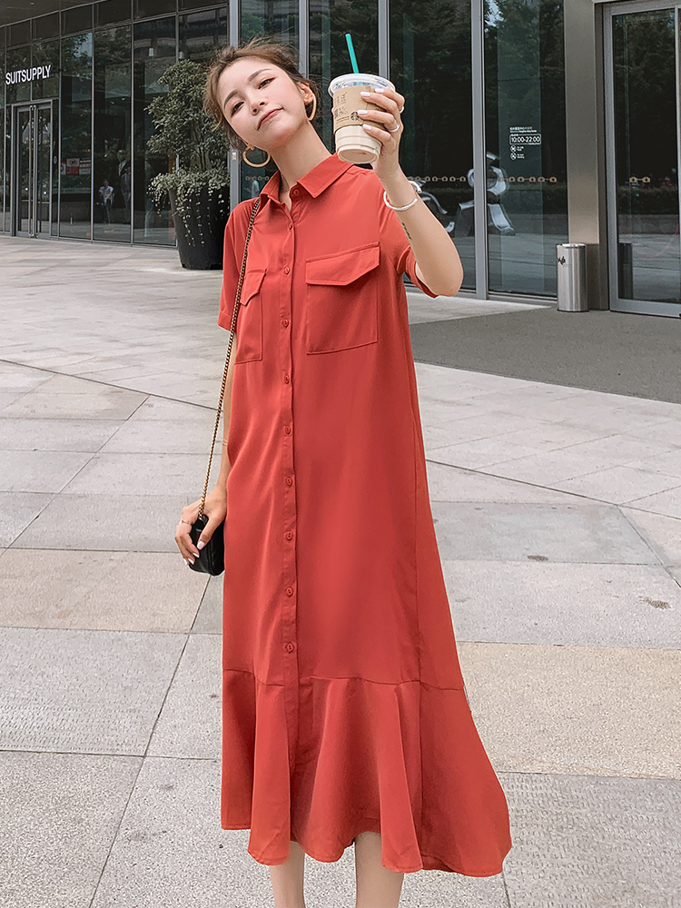 Plus Size French-Style Red Chiffon Shirt Dress for Women - Flattering Mermaid Long Dress for Curvy Figures, Summer 2025 Plus Size French-Style Red Chiffon Shirt Dress for Women - Flattering Mermaid Long Dress for Curvy Figures, Summer 2025