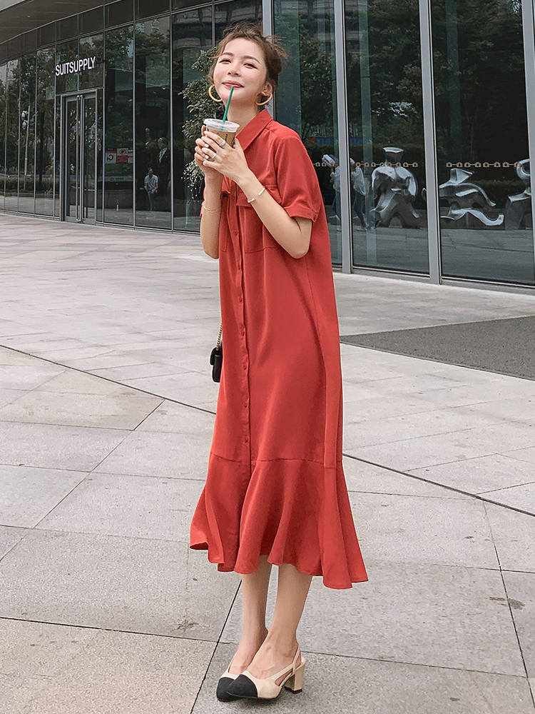 Plus Size French-Style Red Chiffon Shirt Dress for Women - Flattering Mermaid Long Dress for Curvy Figures, Summer 2025