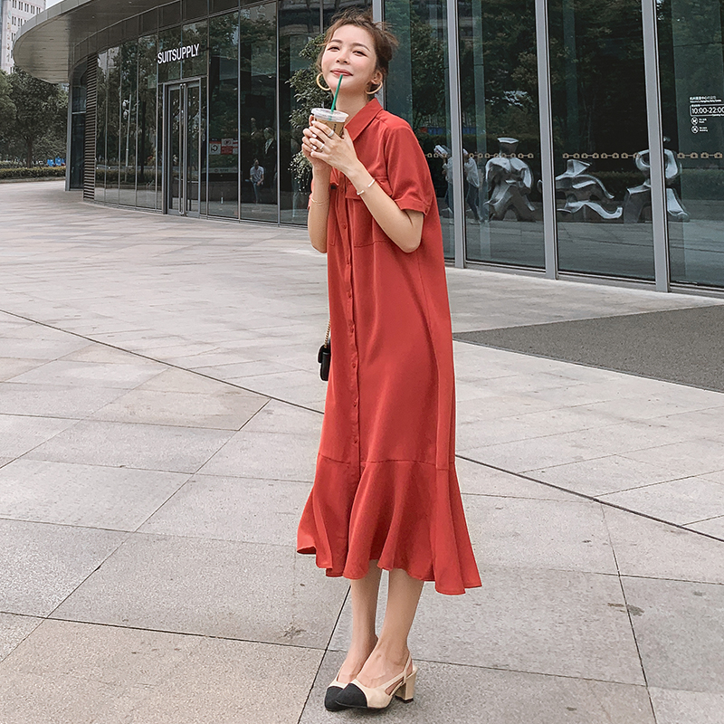 Plus Size French-Style Red Chiffon Shirt Dress for Women - Flattering Mermaid Long Dress for Curvy Figures, Summer 2025