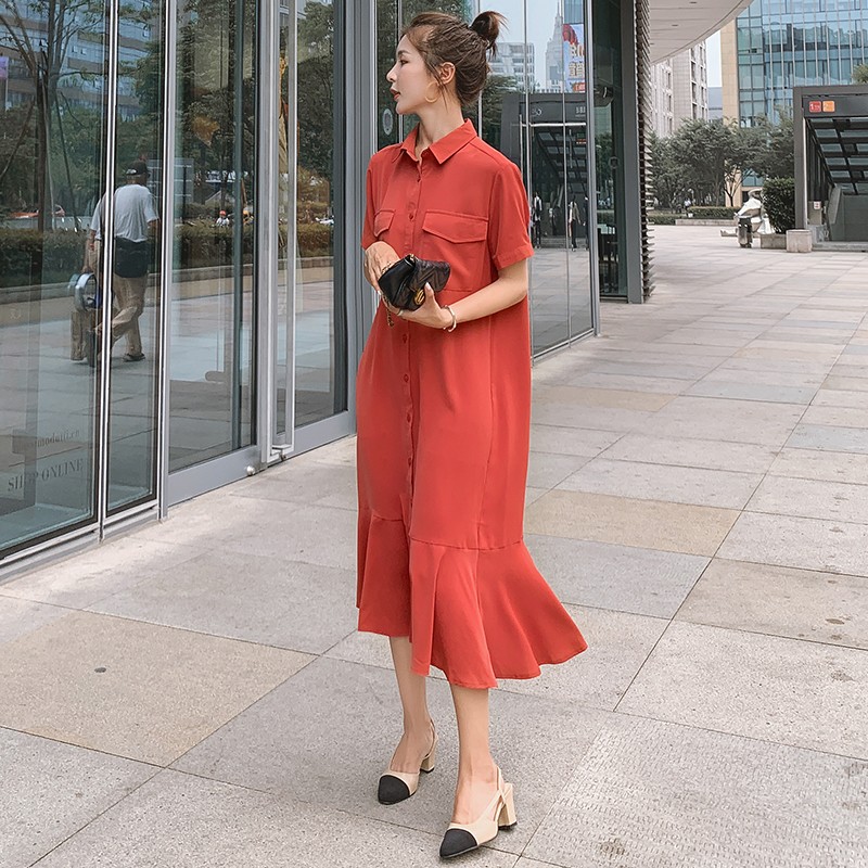 Plus Size French-Style Red Chiffon Shirt Dress for Women - Flattering Mermaid Long Dress for Curvy Figures, Summer 2025 Plus Size French-Style Red Chiffon Shirt Dress for Women - Flattering Mermaid Long Dress for Curvy Figures, Summer 2025