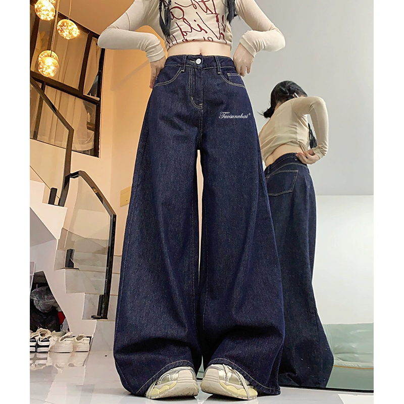 Plus Size High-Waisted Flared Jeans for Women, Loose Fit Wide-Leg Pants in Deep Blue - Vintage American Style Fashion