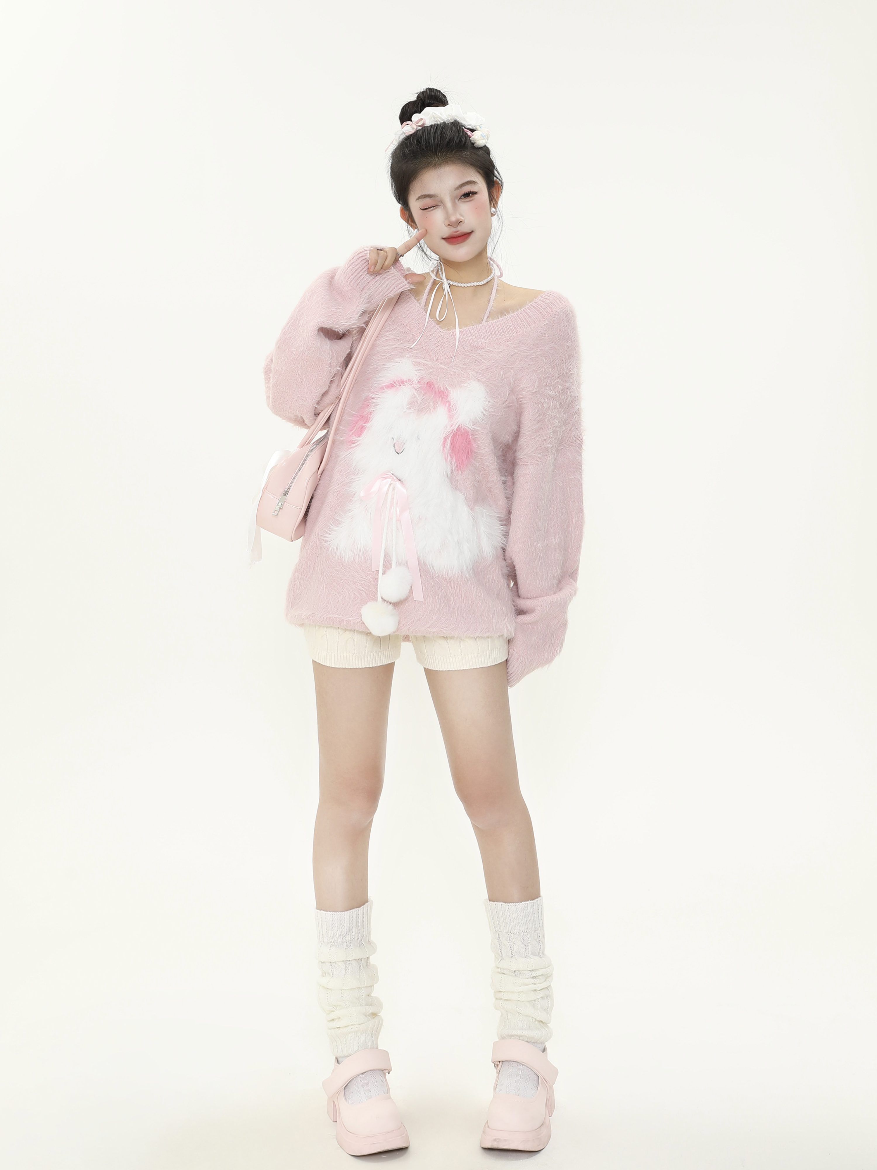 Plush Little Rabbit V-Neck Halter Tie Sweater for Women, Soft Loose Knitted Top for Autumn and Winter, Cozy Casual Style Plush Little Rabbit V-Neck Halter Tie Sweater for Women, Soft Loose Knitted Top for Autumn and Winter, Cozy Casual Style