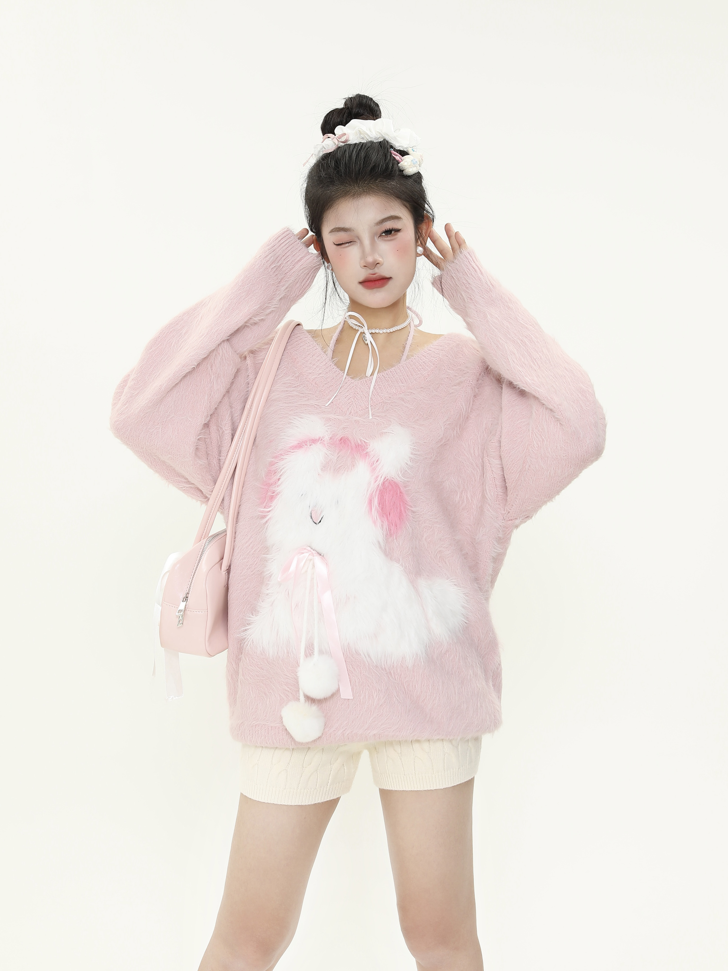 Plush Little Rabbit V-Neck Halter Tie Sweater for Women, Soft Loose Knitted Top for Autumn and Winter, Cozy Casual Style Plush Little Rabbit V-Neck Halter Tie Sweater for Women, Soft Loose Knitted Top for Autumn and Winter, Cozy Casual Style