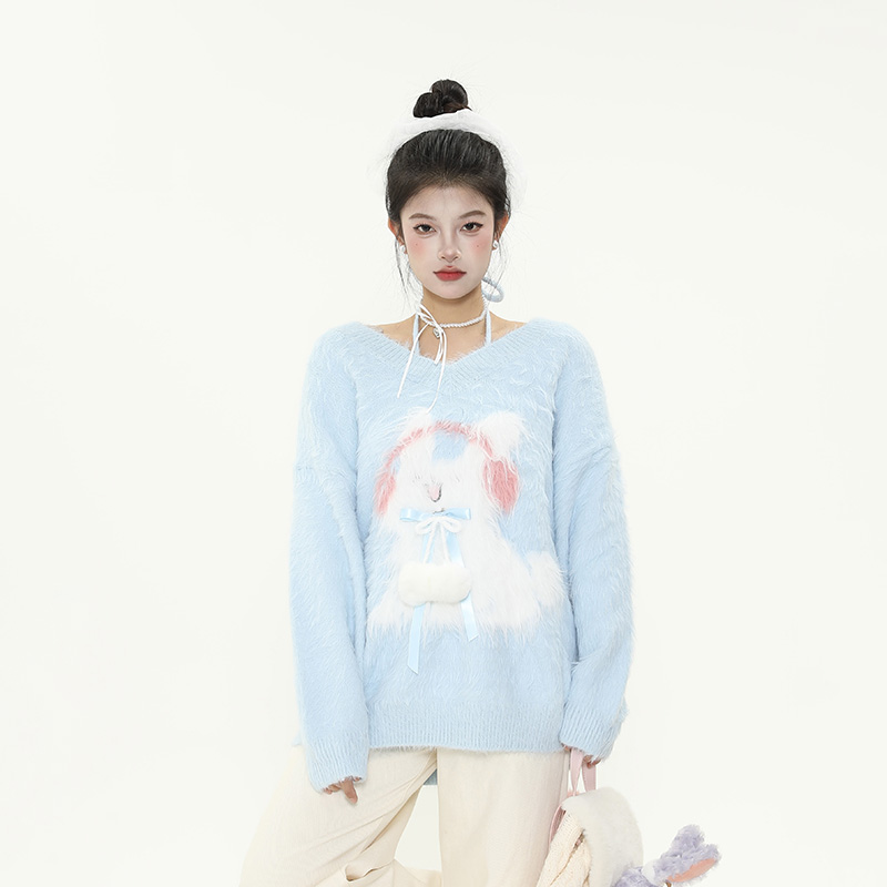 Plush Little Rabbit V-Neck Halter Tie Sweater for Women, Soft Loose Knitted Top for Autumn and Winter, Cozy Casual Style