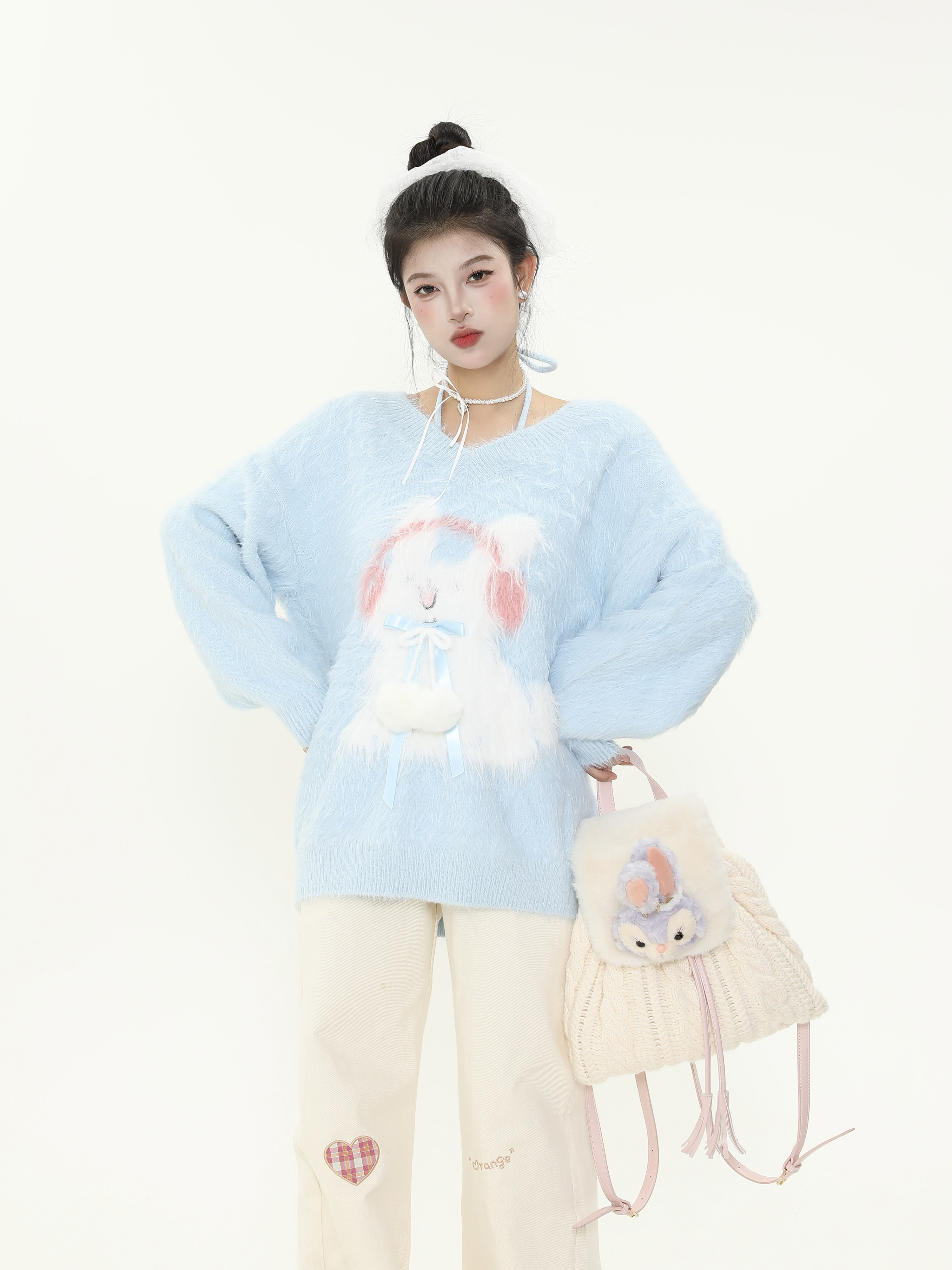 Plush Little Rabbit V-Neck Halter Tie Sweater for Women, Soft Loose Knitted Top for Autumn and Winter, Cozy Casual Style Plush Little Rabbit V-Neck Halter Tie Sweater for Women, Soft Loose Knitted Top for Autumn and Winter, Cozy Casual Style