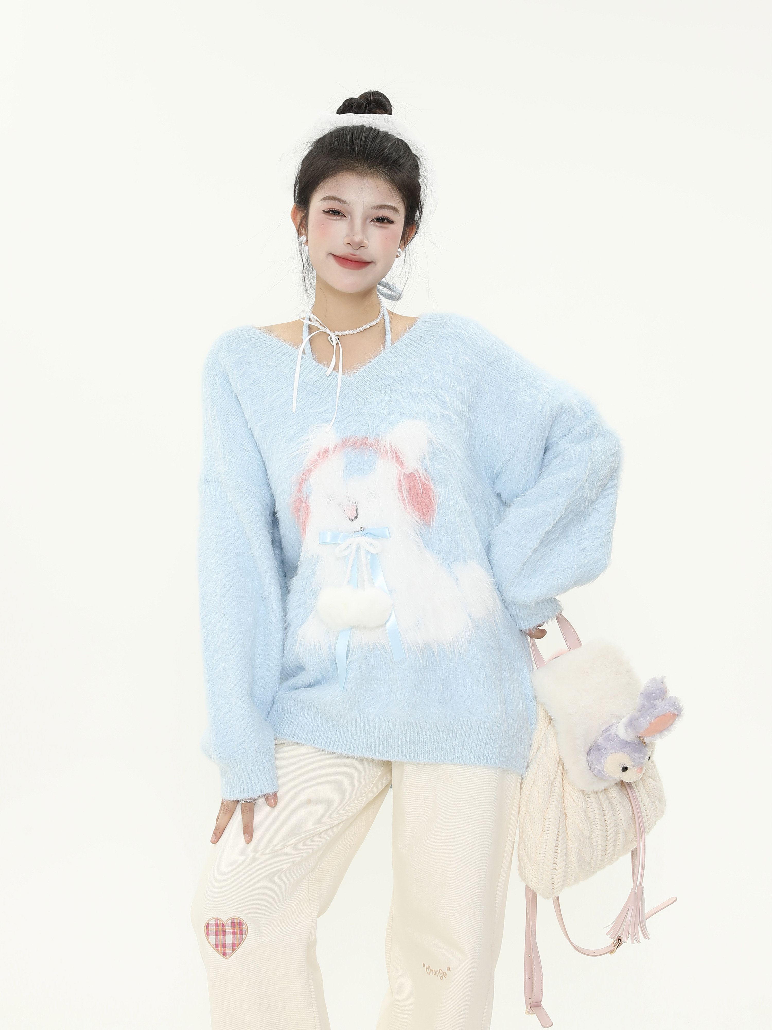 Plush Little Rabbit V-Neck Halter Tie Sweater for Women, Soft Loose Knitted Top for Autumn and Winter, Cozy Casual Style