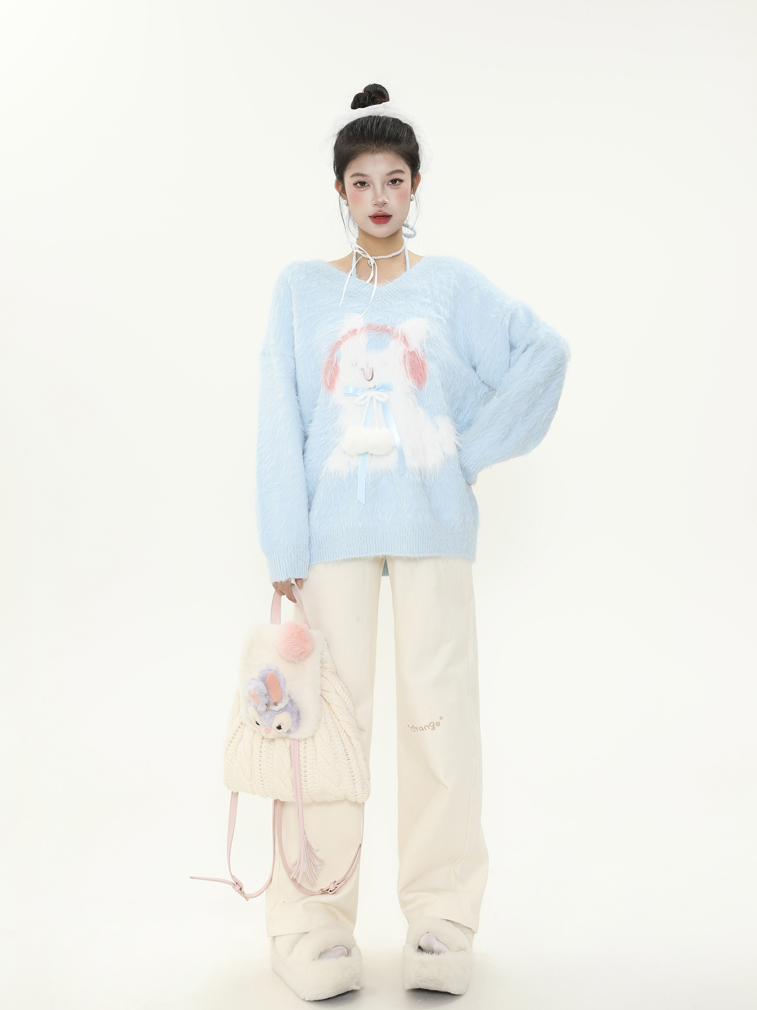 Plush Little Rabbit V-Neck Halter Tie Sweater for Women, Soft Loose Knitted Top for Autumn and Winter, Cozy Casual Style Plush Little Rabbit V-Neck Halter Tie Sweater for Women, Soft Loose Knitted Top for Autumn and Winter, Cozy Casual Style